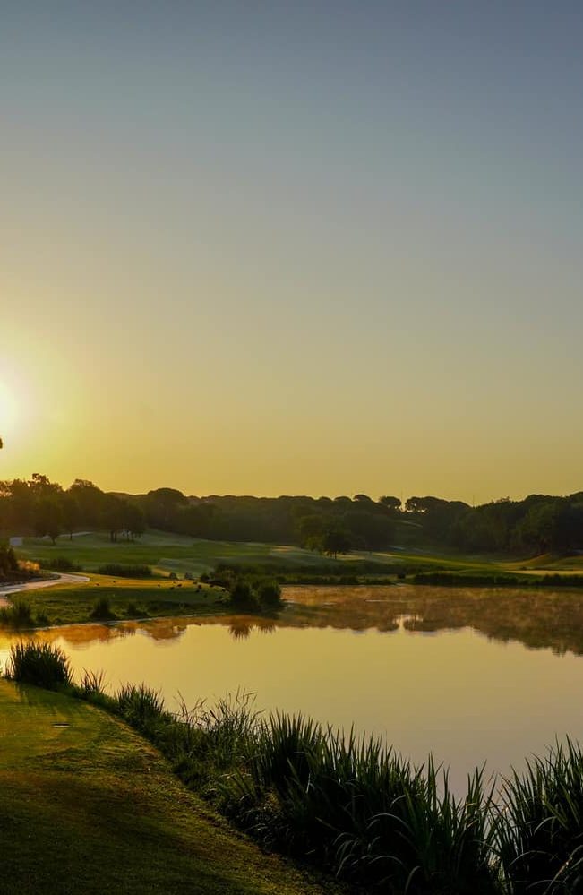 Low sun over a still lake at the edge of a golf course